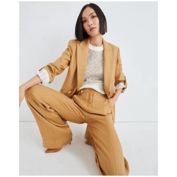 Veronica Beard Sunny Pinstripe Wide Leg Linen Waist Button Detail Pants - Picture 5 of 11